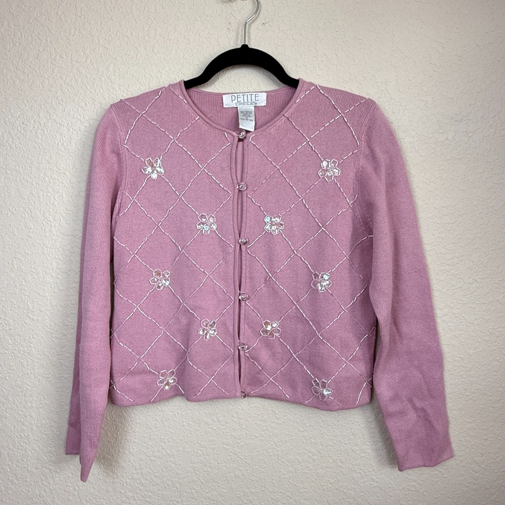 Vtg Petite Sophisticate Cardigan Sweater Pearl Button Cotton Blend Embellished S